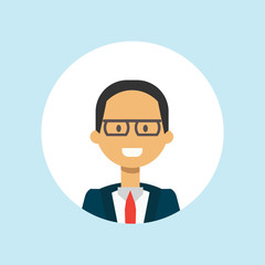 cute businessman face happy man portrait on blue background, male avatar flat vector illustration