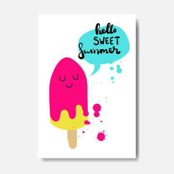 Hello Summer Ice Cream Badge Isolated Typographic