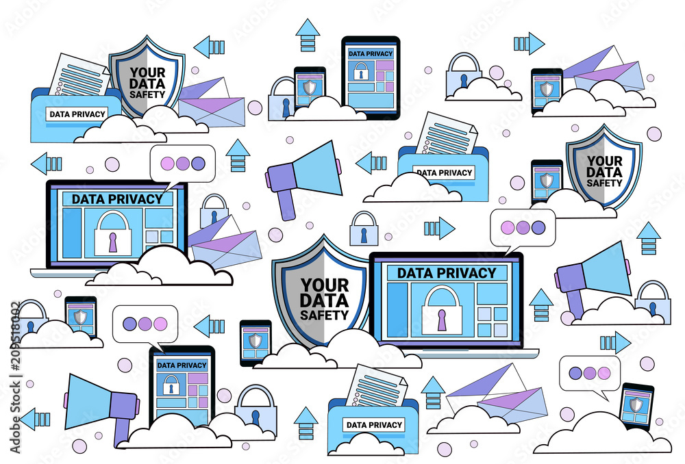 Poster data safety cloud shield tablet padlock over synchronization general data protection regulation gdpr