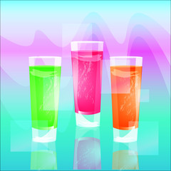 glasses of colorful drinks with ice cubes, set of summer tropical cocktail isolated on multicolored background vector illustration