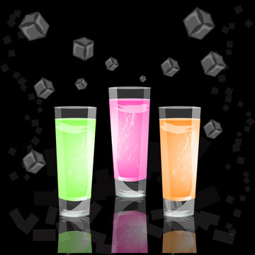 glasses of colorful drinks with ice cubes, set of summer tropical cocktail isolated on black background vector illustration