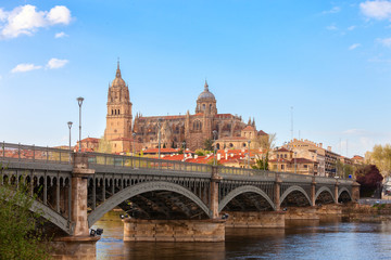 View  on the New Cathedral from the bank of the Tormes River, Salamanca,  Castile and Leon, Spain.