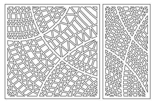 Set decorative card for cutting. Geometric ethnic pattern. Laser cut panel. Ratio 1:1, 1:2. Vector illustration.