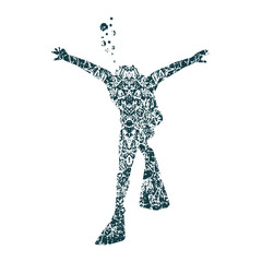 Silhouette of diver. Icon diver. The concept of sport diving. Grunge cracked texture