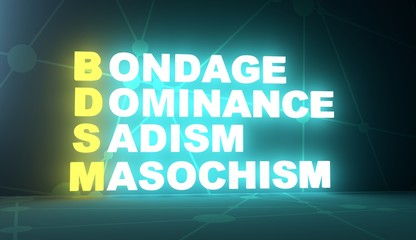 Acronym BDSM - Bondage, Dominance, Sadism amd Masochism. Technology conceptual image. 3D rendering. Neon bulb illumination