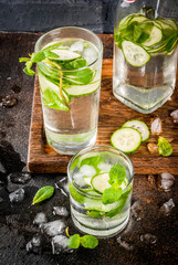 Summer fresh iced drink, mint and cucumber infused water, summer healthy detox mojito cocktail, light background copy space