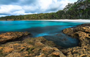 Long exposure of the ocean at dusk in the Jervis Bay National Park, New South Wales, Australia.