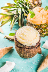 Summer holiday vacation concept, set various tropical ice cream sorbets, frozen juices in pineapple, grapefruit and coconut, light blue concrete background copy space