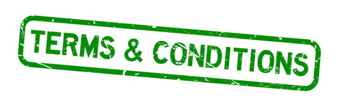 Grunge green terms and conditions square rubber seal stamp on white background
