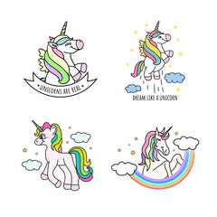 Set of cute hand drawn unicorns. Vector illustration of funny doodle unicorns