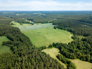 drone image. aerial view of rural area with fields and forests