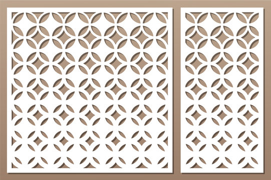 Set decorative card for cutting. Geometric figures pattern. Laser cut panel. Ratio 1:1, 1:2. Vector illustration.