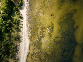drone image. aerial view of Baltic sea shore with rocks and forest on land