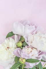 Fototapeta na wymiar Beautiful bouquet of pink and white peonies flowers on pink background with copy space, vertical picture