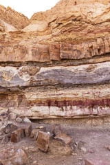 detail of a small cliff in the bottom of the ramon crater in israel showing geological strata