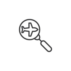 Search for flights outline icon. linear style sign for mobile concept and web design. Airplane and magnifier line vector icon. Air tickets search symbol, logo illustration. Pixel perfect vector