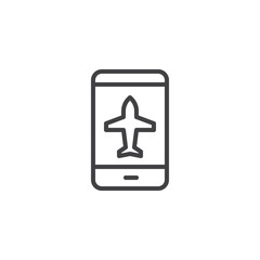 Smartphone with plane outline icon. linear style sign for mobile concept and web design. e-ticket phone app simple line vector icon. Symbol, logo illustration. Pixel perfect vector graphics