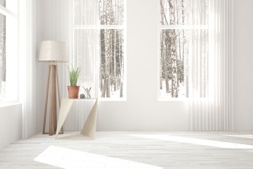 White empty room with winter landscape in window. Scandinavian interior design. 3D illustration