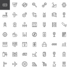 Airport outline icons set. linear style symbols collection, line signs pack. vector graphics. Set includes icons Flight Ticket, Airplane, Exchange, Flight attendant, Passport, Conveyor, Metal detector