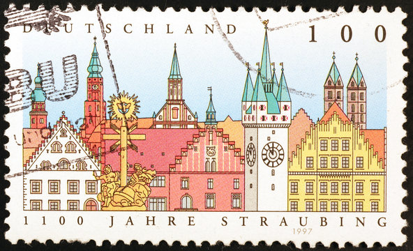 Straubing cityscape on german postage stamp