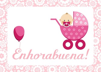 Congratulations, newborn baby girl, postcard, Spanish, vector. In a pink stroller sits a baby. The inscription in Spanish 