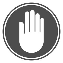 STOP round sign. White hand silhouette on black circle. Vector icon.