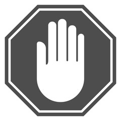 Obraz premium STOP HAND sign. White hand silhouette on black octagon. Vector.