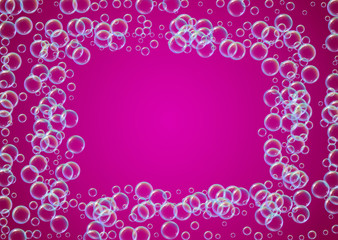 Cleaning foam on gradient background. Realistic water bubbles 3d. Cool rainbow colored liquid foam with shampoo bubbles. Horizontal cosmetic flyer and invite. Cleaning soap foam for bath and shower.