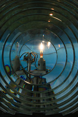 Close up view of the Fresnel lens inside the Cape Blanco Lighthouse on the Oregon Coast