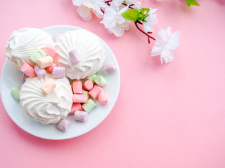 Fototapeta na wymiar Pink and white marshmallow with pink dishes, Rose marshmallow Zephyr