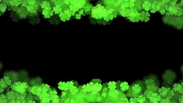 Abstract bokeh light sparkles clover four leaf pattern green color illustration on dark background, seamless looping animation 4K with center copy space