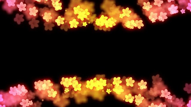 Abstract bokeh light sparkles Sahura flower or Cherry blossom pattern pink and yellow gradient color illustration on black background, seamless looping animation 4K with center copy space