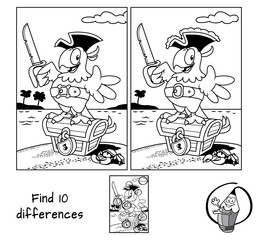 Obraz premium Papuga pirat z kordelasem na skrzyni skarbów. Znajdź 10 różnic. Gra edukacyjna dla dzieci. Ilustracja wektorowa czarno-biały rysunek