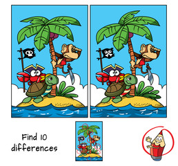 Pirates island. A monkey on a palm tree, a turtle and a funny crab with a pirate flag. Find 10 differences. Educational game for children. Cartoon vector illustration
