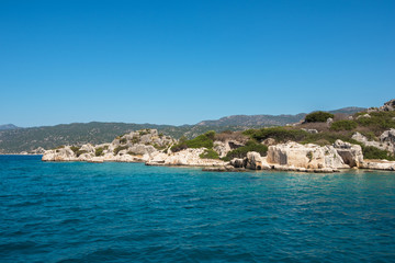 Naklejka na ściany i meble Sea, near ruins of the ancient city on the Kekova island, Turkey
