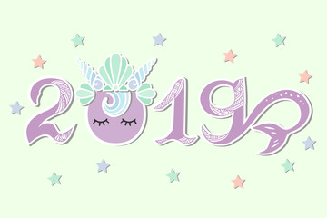 Vector Illustration with 2019, Merimaid tail and Sea Shell Crown as Happy New Year postcard, party invitation, postcard motive, Merry Christmas card.