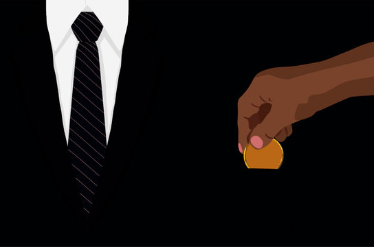 Hand dropping putting golden coin in to bark navy blue brazer pocket clean vector illustration finance money saving concept