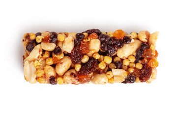 Healthy granola munchies on white background