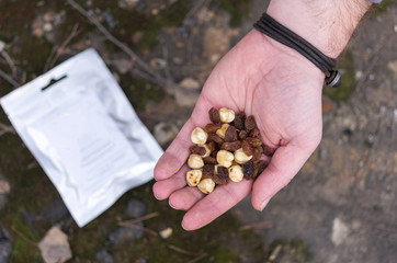 Hazelnut and almonds in the palm of your hand. A man is holding a mix of nuts.