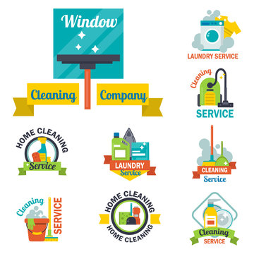 Cleaning service emblems labels design home household symbol work brush vector illustration.