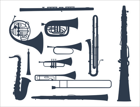 Wind musical instruments tools acoustic musician equipment orchestra vector illustration