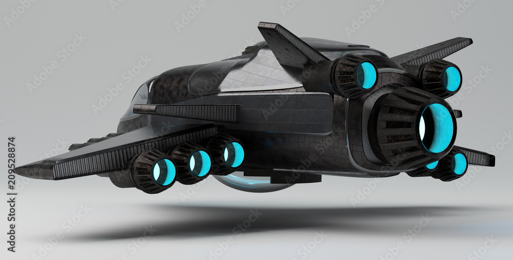 Poster futuristic spacecraft isolated on grey background 3d rendering
