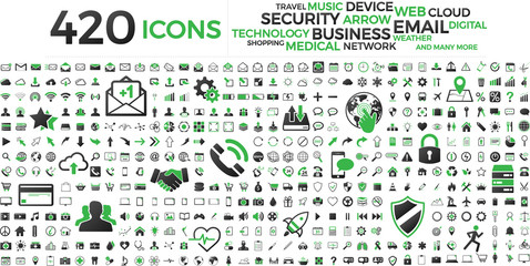 Black and green web business technology icons set