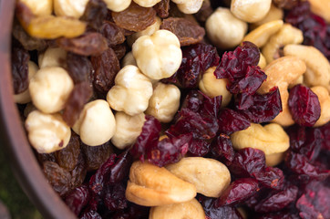 Dried hazelnuts, cashews, almonds and raisins.