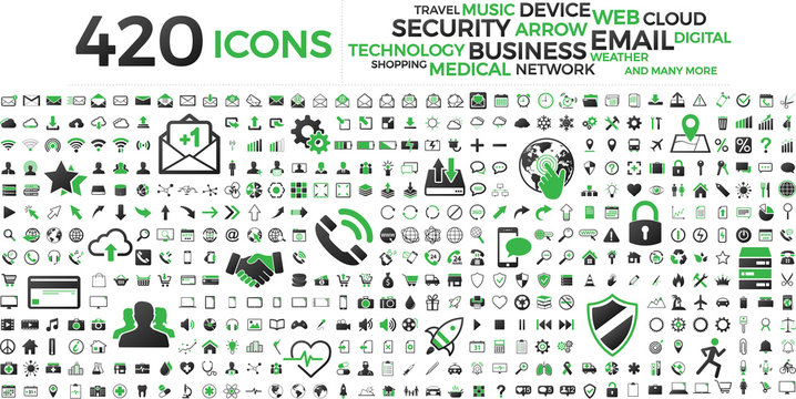 Black and green web business technology icons set