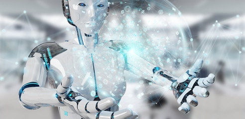 White woman humanoid using digital global network 3D rendering