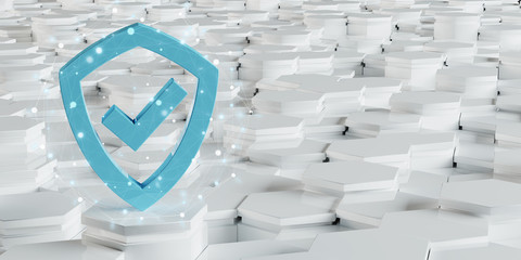 White blue shield icon on hexagons background 3D rendering
