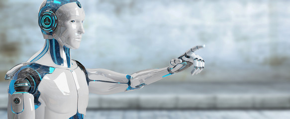 White male cyborg pointing his finger 3D rendering