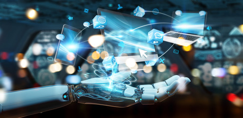 White cyborg hand connecting devices together 3D rendering