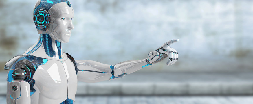 White male cyborg pointing his finger 3D rendering